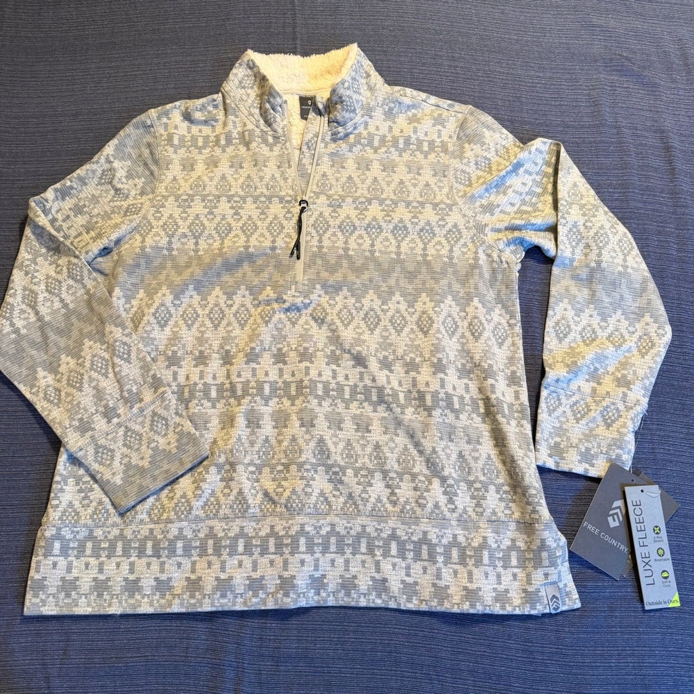 Free Country Womens Luxe Fleece Quarter Zip Pullover Grey Fair Isle Large NWT